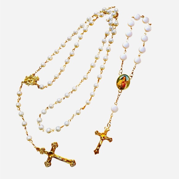Jewelry - Vtg Rosary Cross Necklace & Bracelet NRI Faux Pearl Gold Tone Italy Religious.